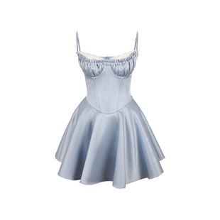 Mummy Cat下蛋喵 升级版加色 重磅缎褶皱生日蓝色礼服吊带连衣裙