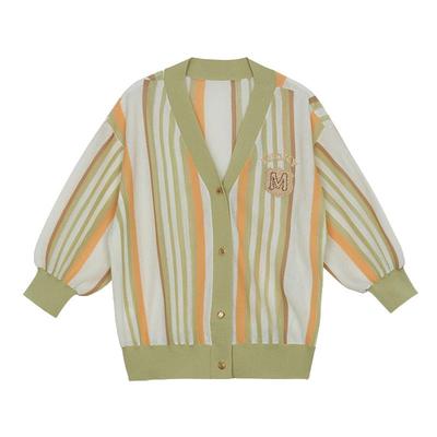 谜底针织开衫分袖女秋季新品文艺风彩条V领短款毛衫243MZ1261