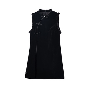 FF BLUE 江南雾屿水貂毛新中式设计感旗袍气质丝绒连衣裙