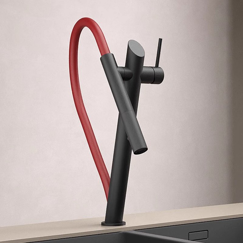 海窑黑红色抽拉厨房龙头洗菜盆洗碗池水龙头水槽全铜倾斜旋转龙头