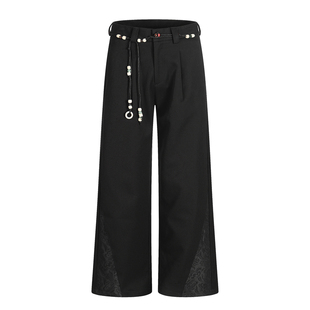 美式复古缎面绑绳暗纹雕花直筒休闲裤男女宽松百搭通勤垂感西裤子