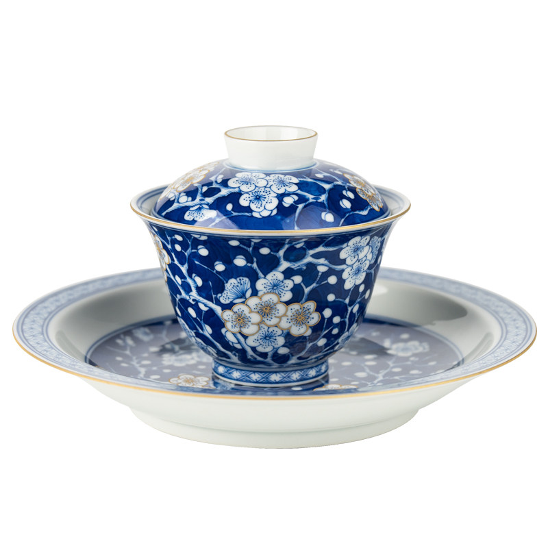 圣山景德镇青花冰梅描金盖碗陶瓷手绘茶具手工陶瓷泡茶盖碗茶杯