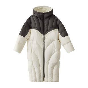 Amii2025冬新款轻盈温暖撞色拼接织带连帽羽绒服女拉链宽松上衣