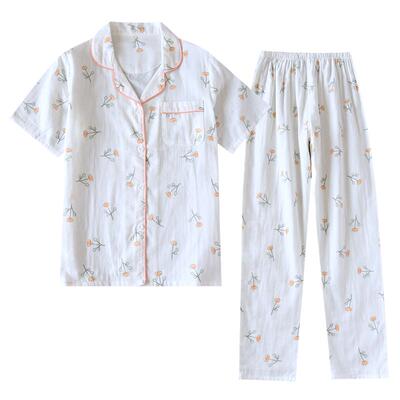家居服纯棉纱布碎花清新白色