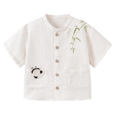 babylove宝宝衬衫夏季薄款棉麻短袖开衫透气t恤儿童外出休闲上衣