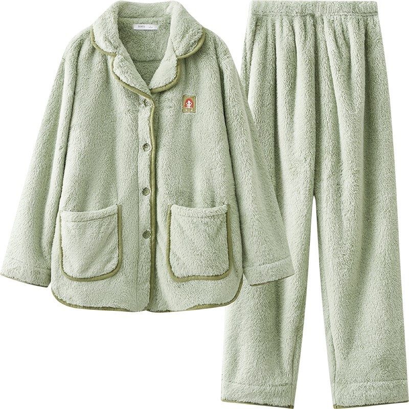 三福新款冬季翻领刺绣保暖睡衣女套装绒感加绒加厚情侣男士家居服