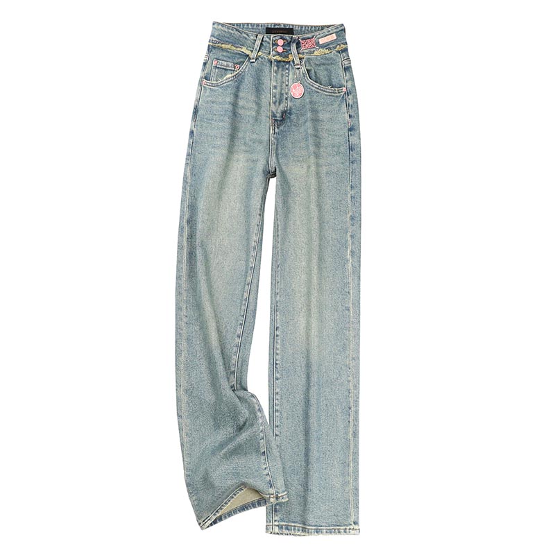 欧货小蜜蜂浅蓝色做旧高腰垂感直筒牛仔裤女早秋显瘦窄版阔腿裤女