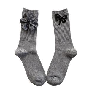 断色清仓!不对称AB花朵蜻蜓秋冬纯棉袜ins潮时尚羊绒中筒长袜子女