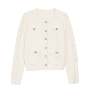 pusumede 轻盈暖意 气质圆领小香风针织开衫女冬柔软亲肤短款外套