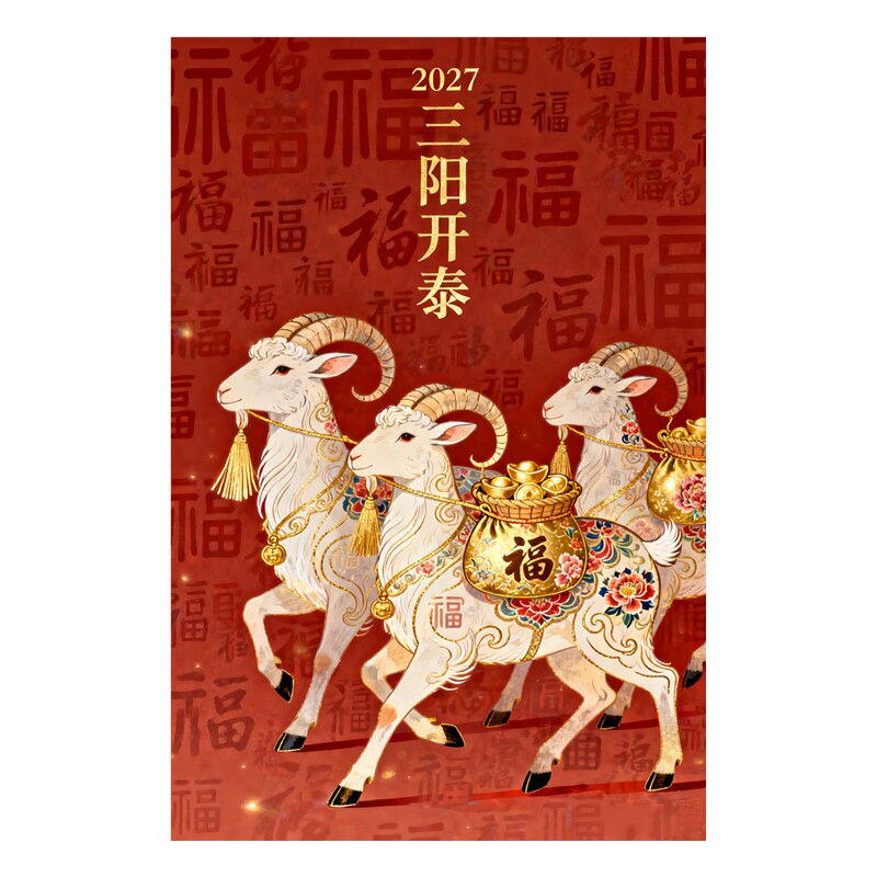 三阳开泰年画墙贴三只吉祥福羊驮金袋元宝春节喜庆国风装饰贴纸画