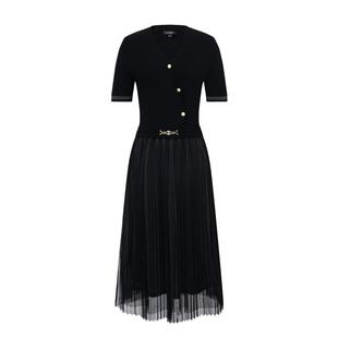 Scofield女装V领修饰收腰针织拼接优雅连衣裙夏季裙子