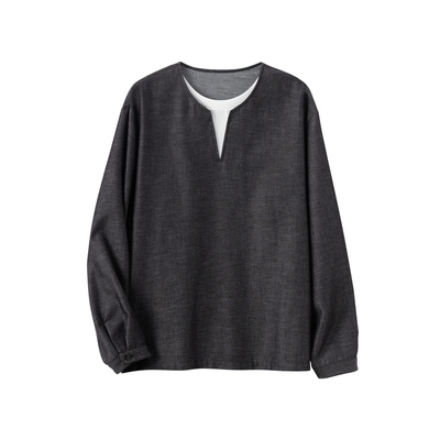 垂顺爽滑 双色花纱麻感竹节纹理 宽舒版型松弛感复古假两件T恤衫