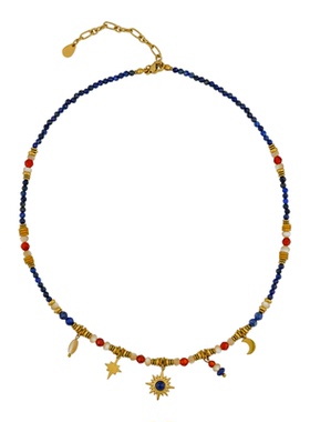 JoJo｜设计师款「蓝夜星语」青金石玛瑙星月吊坠项链樱桃锁骨链