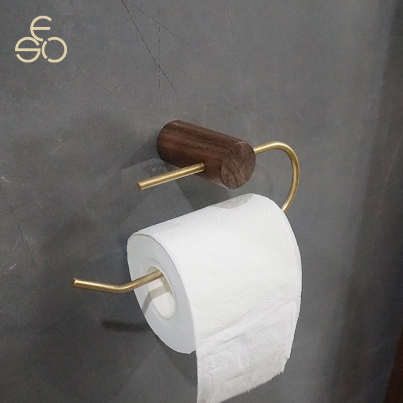北欧卫生间纸架简约胡桃木纸巾架榉木黄铜卷纸架免打孔实木手纸架