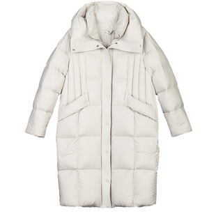 诗梦女装冬季新款杏仁米白色长款羽绒服直筒大翻领面包服休闲保暖