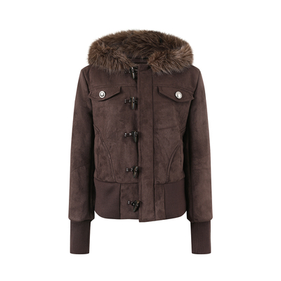 Goosfir 原创设计美式复古麂皮连帽毛领外套秋冬款修身短款外衣女