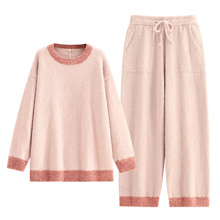 悦内半边绒睡衣女款秋冬季珊瑚绒加厚家居服加绒保暖圆领套头粉色