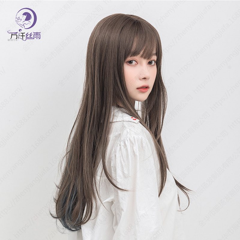 新款直销新品化纤挑染假发女全头套长款染色空气刘海直发弹力网假