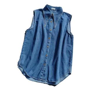 大领！复古做旧柔软厚实牛仔打底无袖衬衣马甲衬衫女叠穿背心内搭