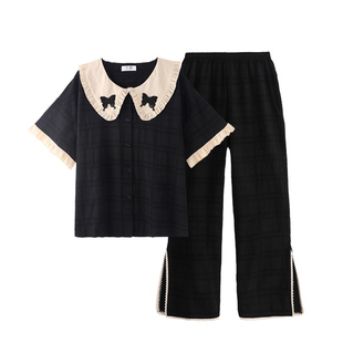 半袖长裤睡衣女纯棉高级感春夏大码胖mm棉麻娃娃领可外穿家居服