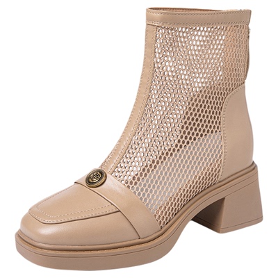 网纱镂空凉靴女高跟真皮方头短靴