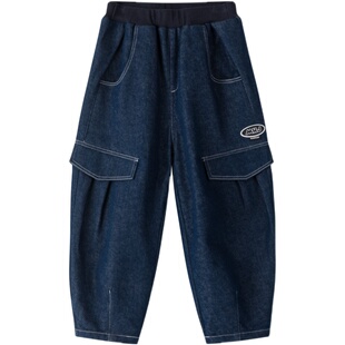 漫画家潮童装冬季加绒弹力牛仔裤中大童保暖弹力撞色明线休闲长裤