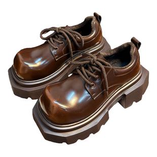 复古真皮松糕厚底小皮鞋女英伦风圆头德比鞋小个子增高加绒乐福鞋