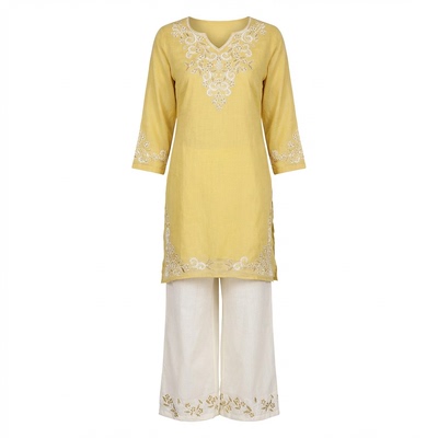印度进口女装异域风情纯棉刺绣柠檬黄v领薄款两件套简约气质日常