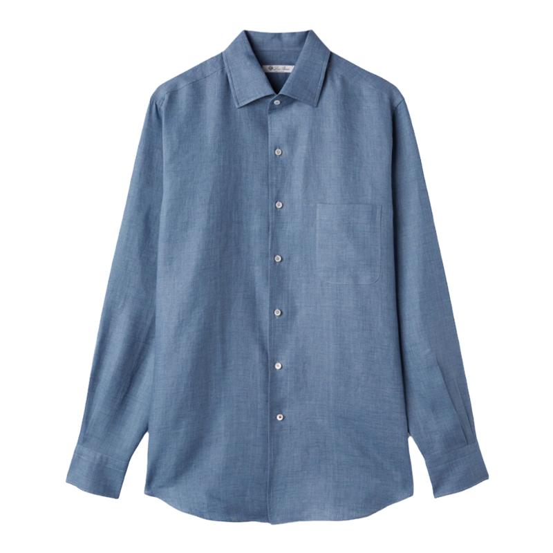 Loro Piana/诺悠翩雅男装尖领长袖蓝色亚麻休闲衬衫