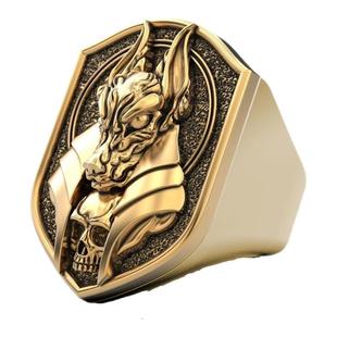 Young创意古埃及神话死神阿努比斯戒指复古胡狼头人身镀18k金男戒