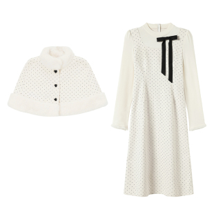 织物猪 都市甜心 千金风波点连衣裙miu系穿搭斗篷两件套气质长裙
