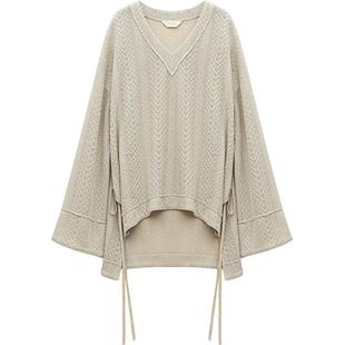 COCOBELLA设计师款慵懒镂空V领针织衫女下摆开叉飘带毛衣MZ3099