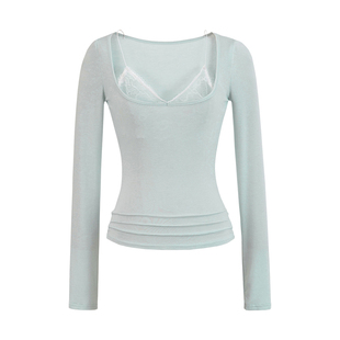 YoungGirlDay 纯欲氛围感性感假两件蕾丝拼接吊带长袖打底T恤上衣