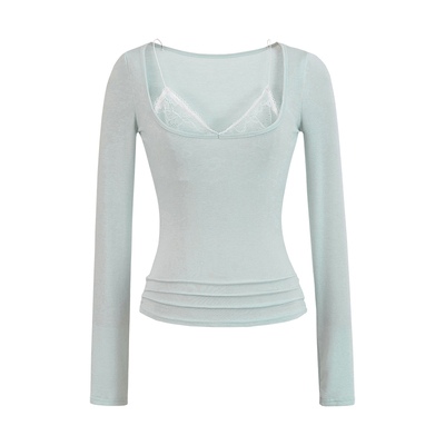 性感假两件蕾丝拼接长袖T恤上衣