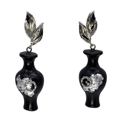 25SUMEMR原创黑檀木银箔花瓶耳环