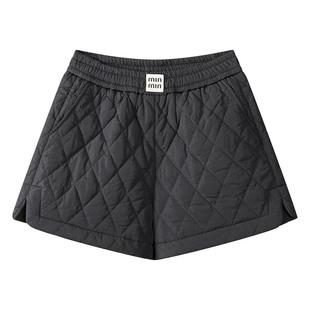 夹棉短裤女外穿2025新款秋冬季松紧高腰时尚加厚菱格阔腿打底靴裤