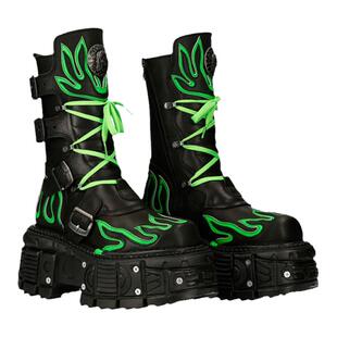 NewRock手工定制希林同款荧光火焰暗黑朋克机能松糕厚底靴