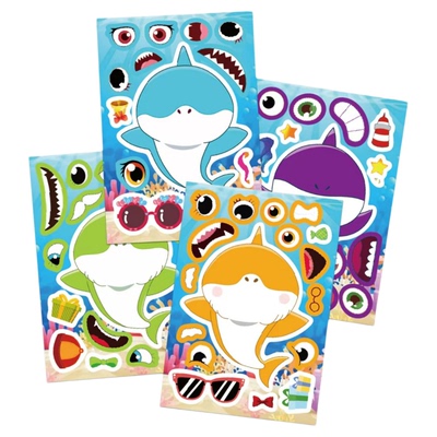 8张跨境卡通鲨鱼拼图贴纸手账DY