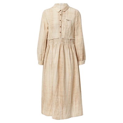 Famecoco设计感文艺炒色亚麻衬衫裙高腰A字长袖连衣裙FAB1FA011