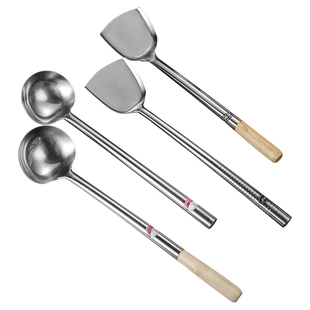 不锈钢炒勺厨师炒菜勺子长柄汤勺分菜勺炒勺厨房颠勺木柄锅铲勺子