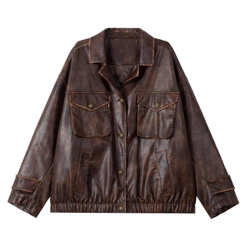 KEIKO复古蜡感棕色工装皮衣棉服