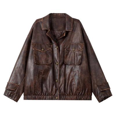 KEIKO复古蜡感棕色工装皮衣棉服