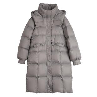 ELLE90白鸭绒灰色中长款羽绒服女2025冬季新款通勤保暖连帽外套