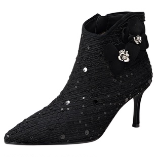 natursun法式时装靴舒适冬冬季时尚气质细跟尖头高跟靴短靴靴子