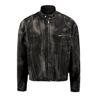 8FF/25SS王星越同款美式复古立领机车夹克宽松做旧短款皮衣外套潮