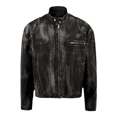 8FF短款做旧机车皮衣外套