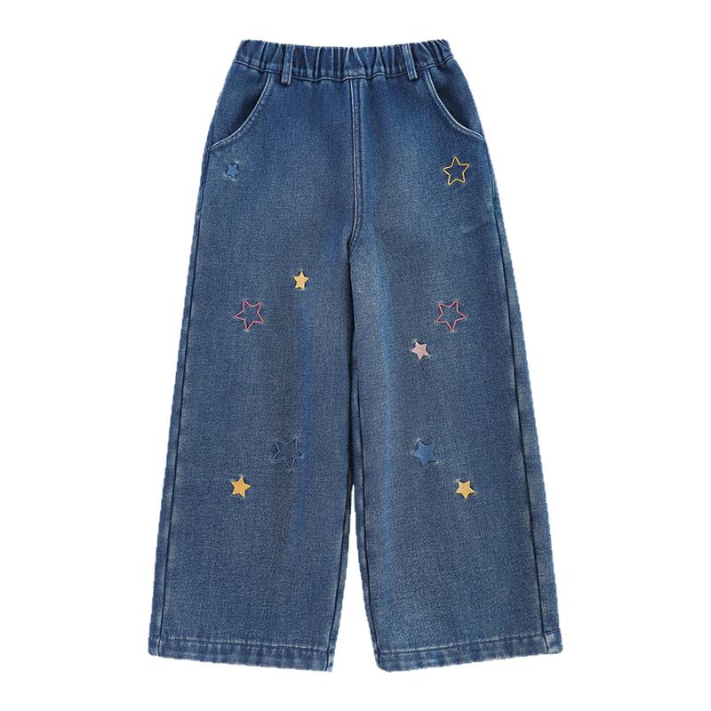 幼悠女童直筒裤冬季新款加绒保暖复古牛仔裤多巴胺星星小女孩裤子