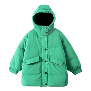 儿童绿色中长款羽绒服2025新款男童加厚冬装男孩冬季连帽炸街外套