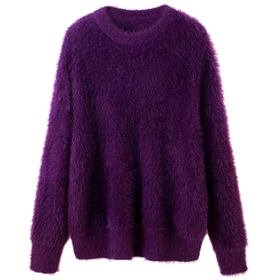 仿水貂绒毛衣女慵懒风大码春秋加厚中长款上衣圆领针织衫打底外搭