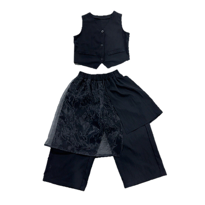 女童夏季套装休闲假两件八分裤中大童夏装复古气质马甲背心两件套